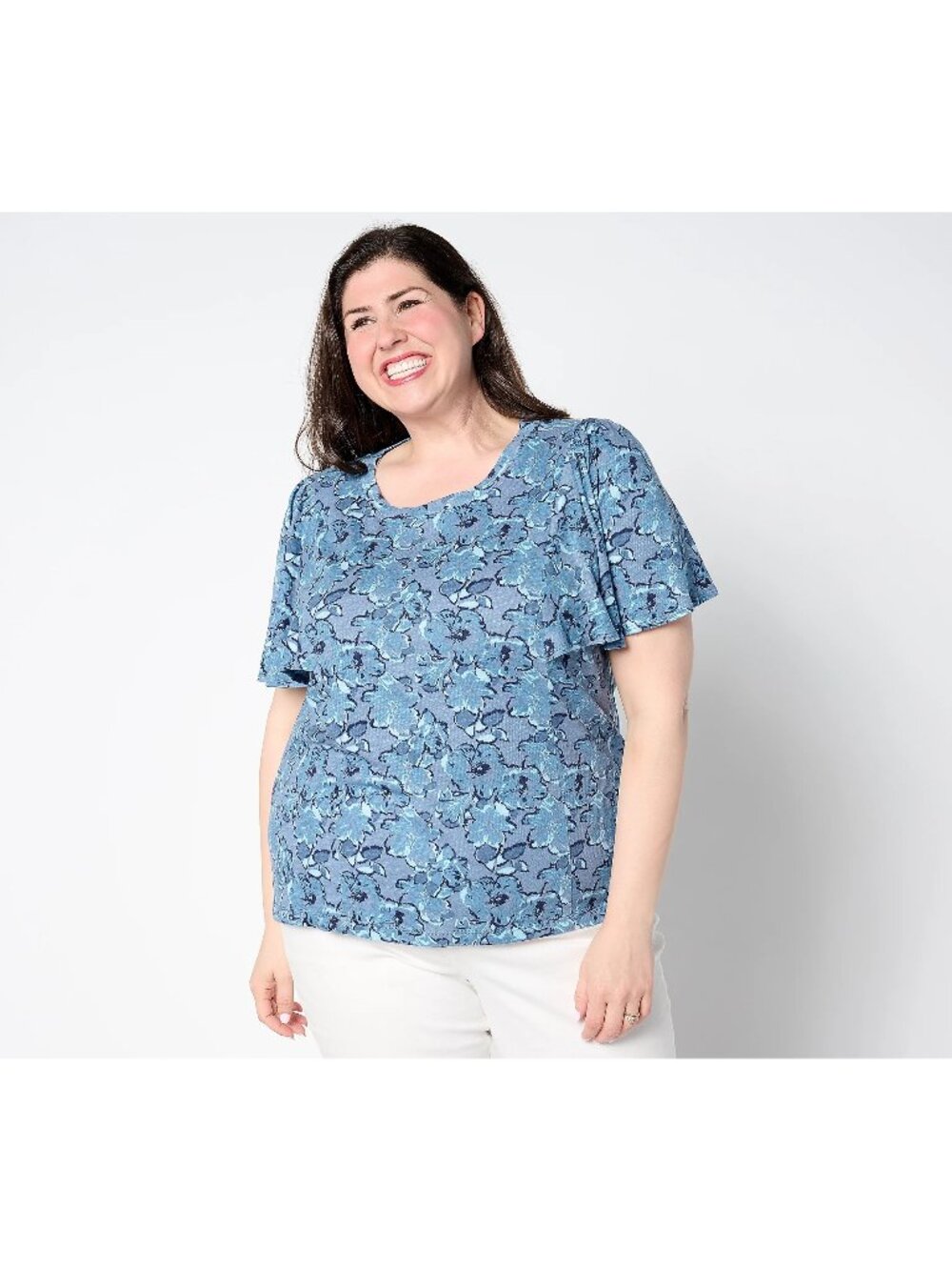 AnyBody Top Size 1X Floral Printed Flutter Sleeve Slub Knit Indigo Blue Boho NEW